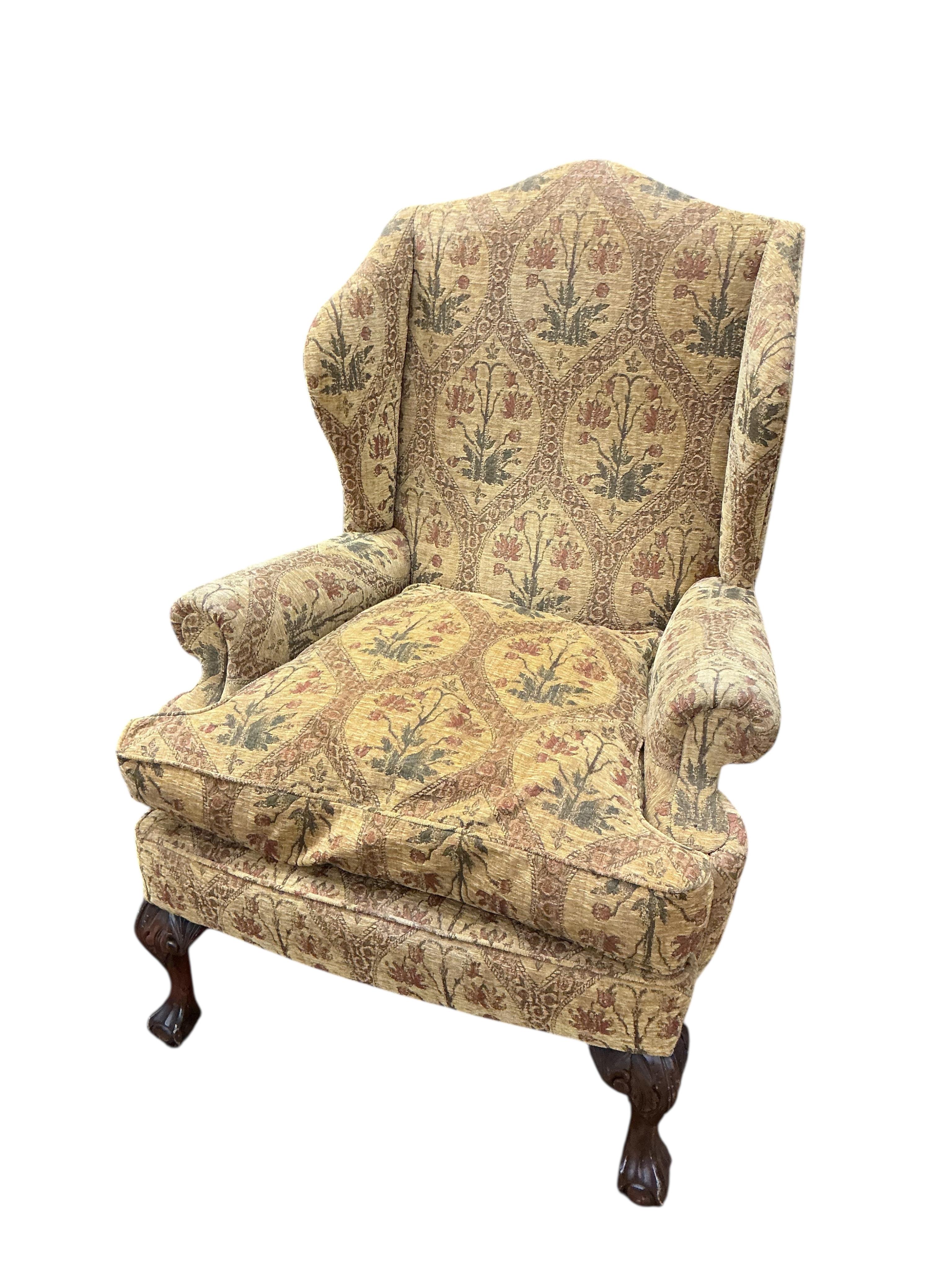 A pair of George III style upholstered wing armchairs, width 86cm, depth 74cm, height 120cm